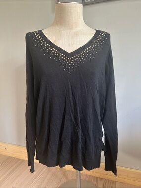 Chaus Black V-Neck Sweater with Stud Accents